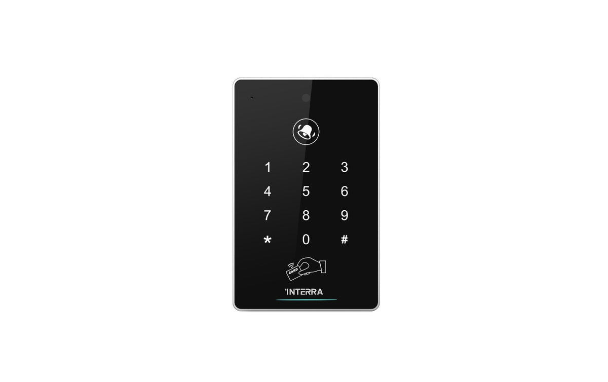 Contrôleur d'accès noir avec lecteur de carte, clavier à mot de passe et bouton de sonnerie tactile